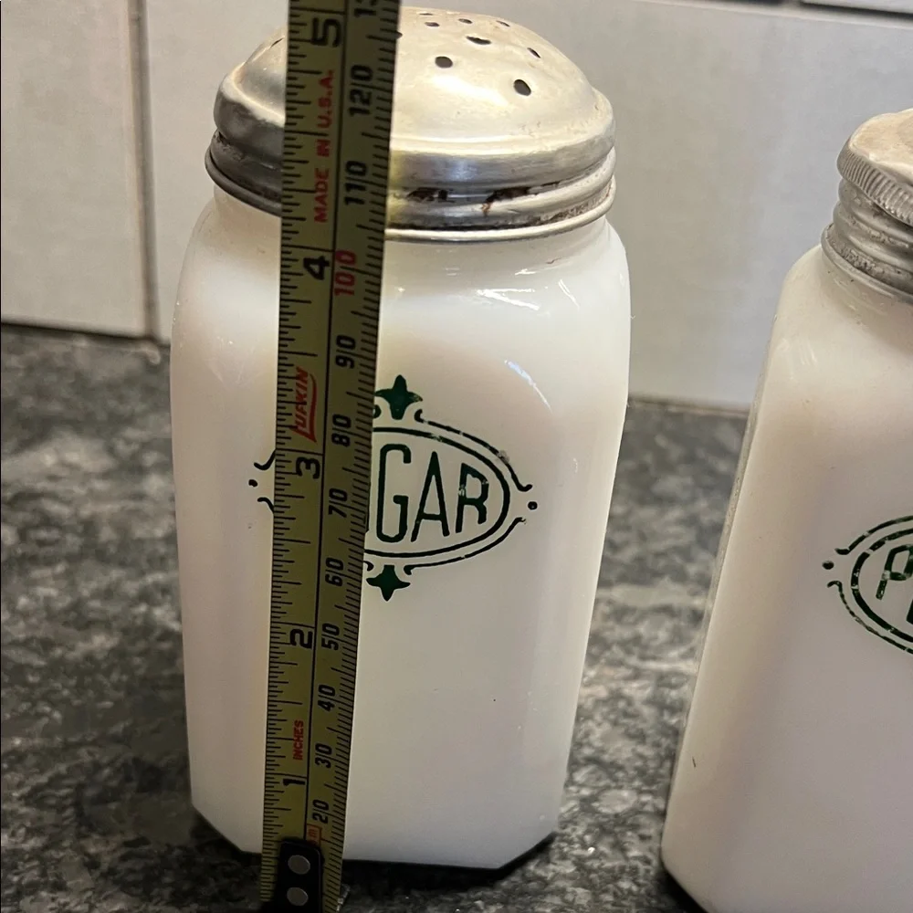 1930’s Hazel Atlas Vintage White Sugar and Pepper Shakers Spice jars. Milk Glass